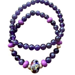 Set of two Amethyst Women's Stretch Bracelets 7.5" Natural Gemstones NWT